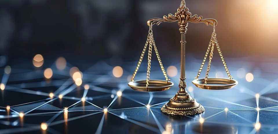 A gold balance of justice sits on a geometric base and twinkles with light on a black background