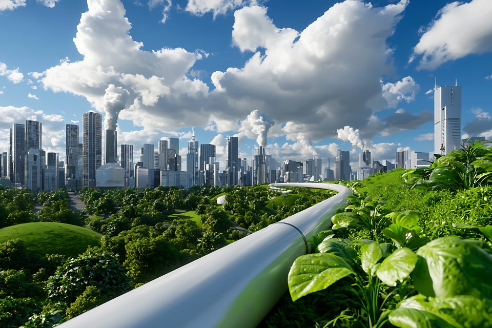 Futuristic green cityscape featuring geothermal energy pipes urban environment digital art vibrant nature aerial view sustainability concept