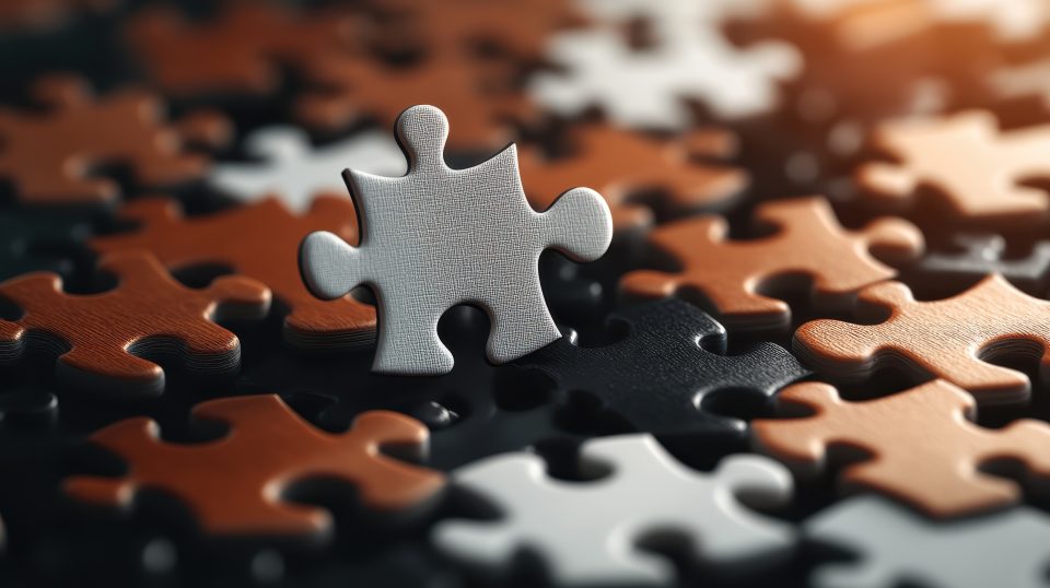 An image of scattered jigsaw puzzle pieces with one piece prominently held up, symbolizing complexity, problem solving, and the search for fits.