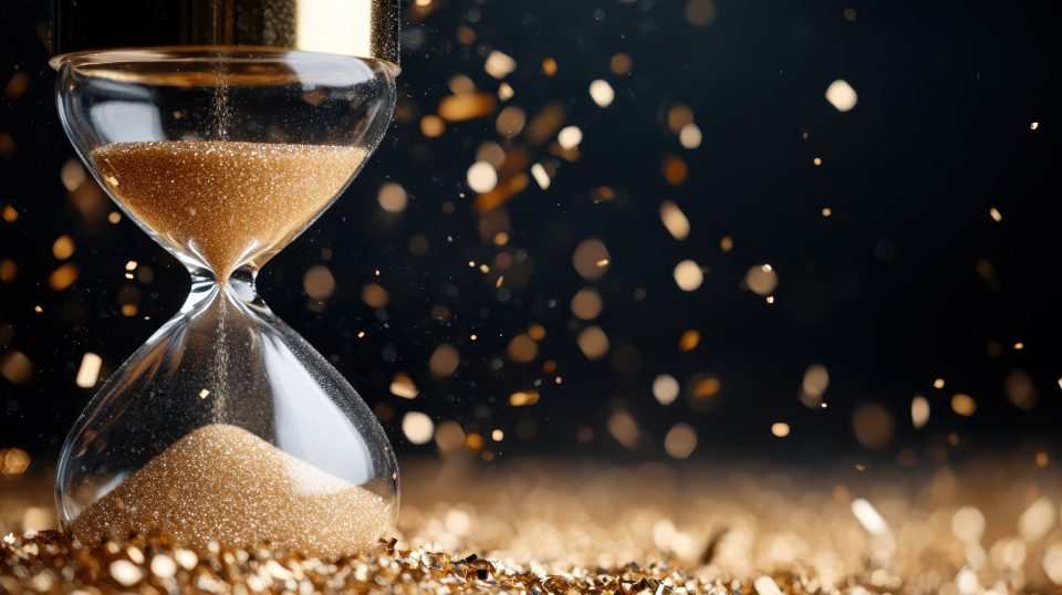 An elegant image depicting a golden hourglass with shimmering sand in motion, symbolizing the passage of time with a touch of magical realism and sophistication.
